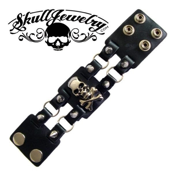 'Eight Miles High' Leather Bracelet with; Skulls, Spikes & Crossbones