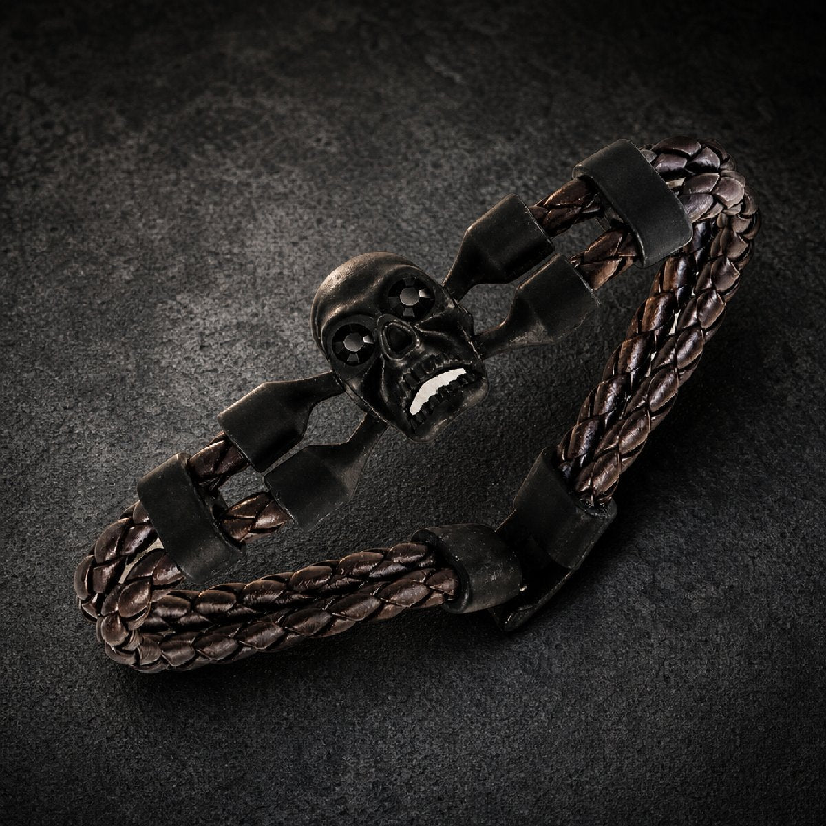 Back In Black - Brown Leather Bracelet w/Black CZ Eyes (#ba056)