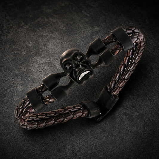 Back In Black - Brown Leather Bracelet w/Black CZ Eyes (#ba056)