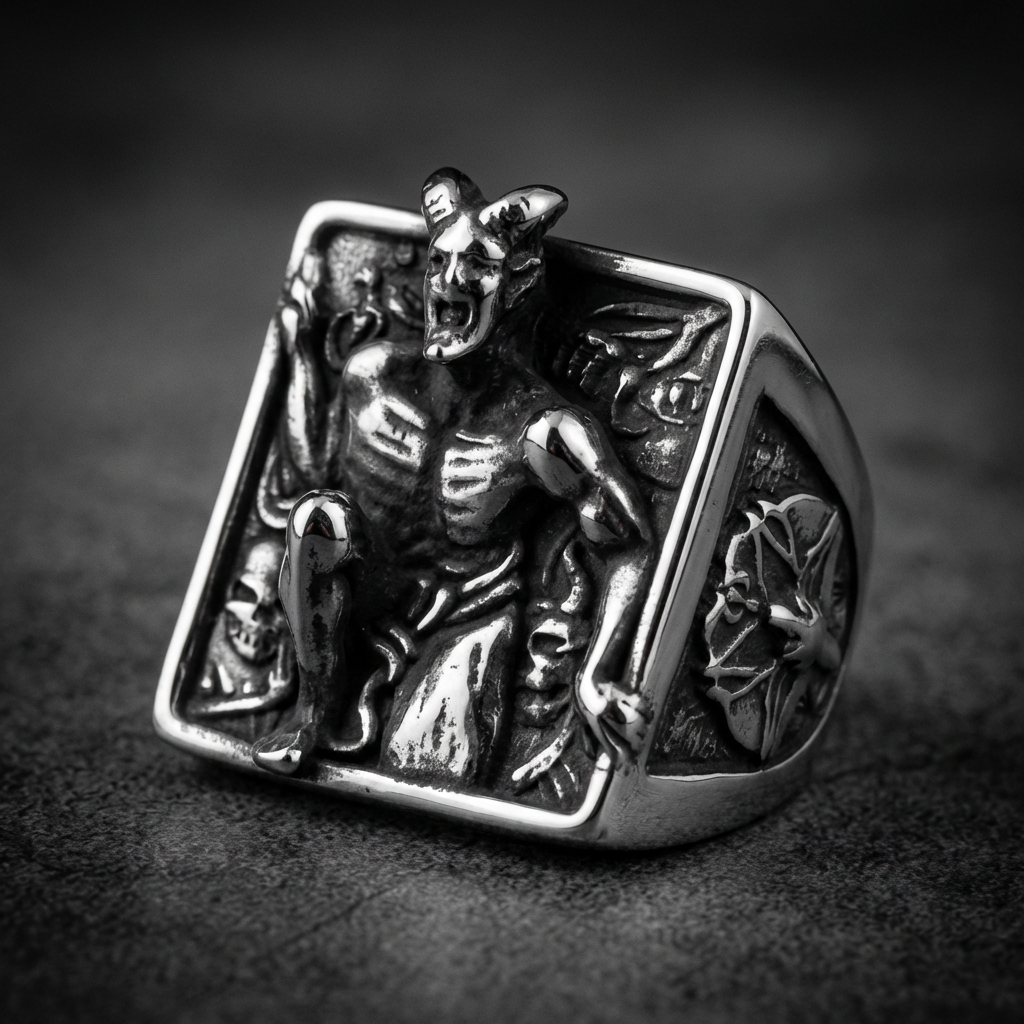 Hades Grip Baphomet 316L stainless steel ring with aggressive details and dark, powerful presence.