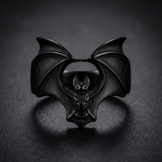 Widow Bat Midnight Ring, 316L surgical grade stainless steel, gothic bat cutout design, dark polished ring, skull jewelry