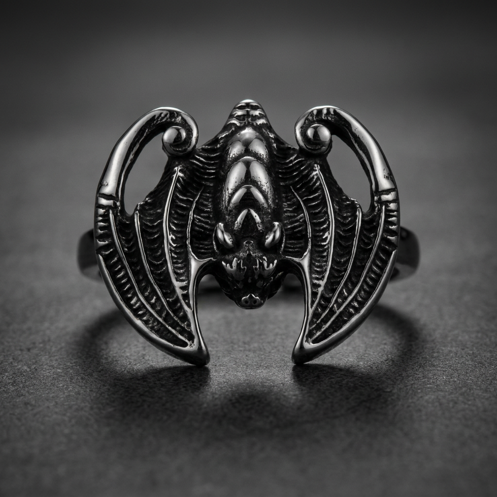 Bat Spinner Ring made of 316L stainless steel, featuring a detailed bat design that spins on a durable band, showcasing the ring's dark aesthetic.