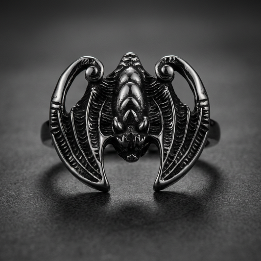 Bat Spinner Ring made of 316L stainless steel, featuring a detailed bat design that spins on a durable band, showcasing the ring's dark aesthetic.