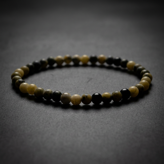 A minimalist unisex beaded bracelet featuring natural Yellow Turquoise stones in earthy tones, crafted from 316L surgical-grade stainless steel, continuous style.
