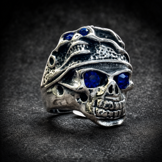 Behind Blue Eyes - Two Faces / Blue Stone Eyes Skull Ring - 316L stainless steel unisex jewelry (R0495)