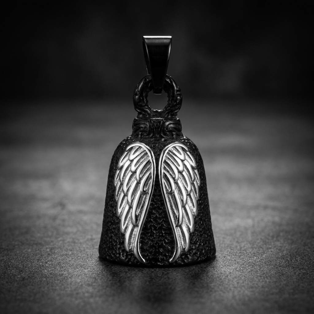 Midnight Angel Wing Biker Bell 316L stainless steel, dark textured finish, detailed angel wings, hangs from a leather strap, motorcycle accessory.