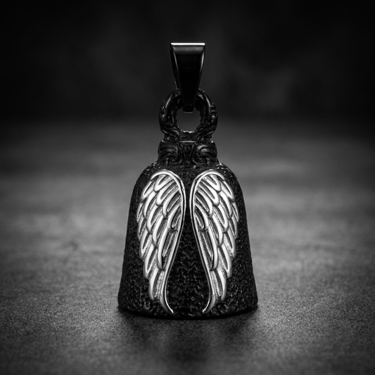 Midnight Angel Wing Biker Bell 316L stainless steel, dark textured finish, detailed angel wings, hangs from a leather strap, motorcycle accessory.