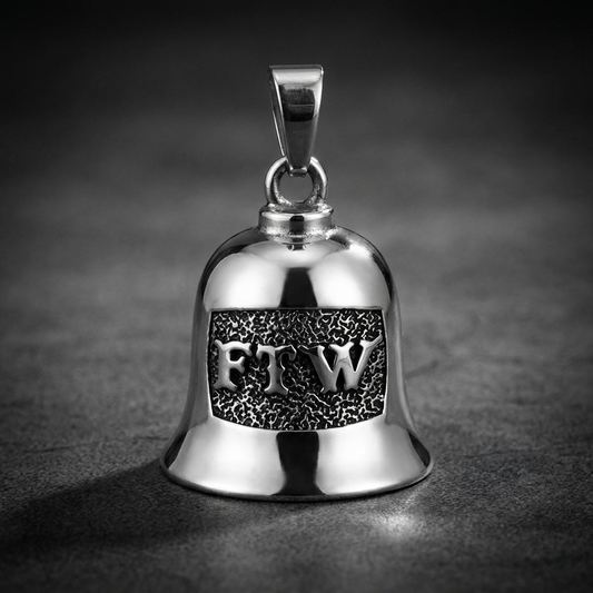 FTW Biker Bell pendant made from rugged 316L stainless steel, showcasing the boldly etched 'FTW' lettering and polished finish.