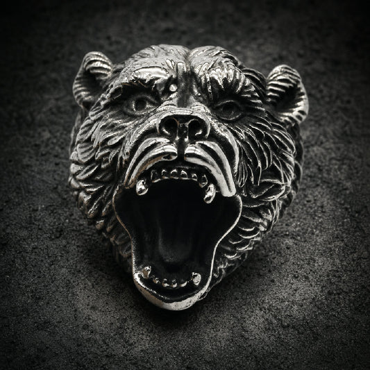 Heavy 316L stainless steel ring sculpted as an aggressive roaring grizzly bear with antiqued fur detailing.