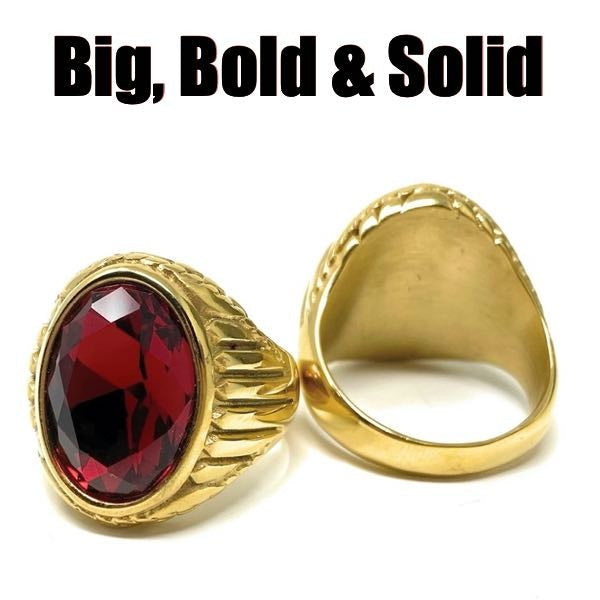 big bold and heavy solid gold with red stone biker ring