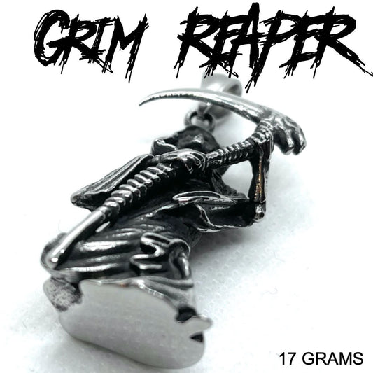 big bold and heavy solid grim reaper pendant showing solid steel bottom