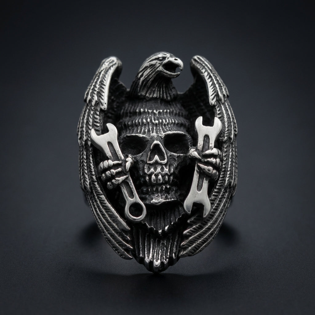 Eagle Skull Vise Grip Pendant 316L stainless steel biker jewelry with detailed eagle and skull gripping vise tools.