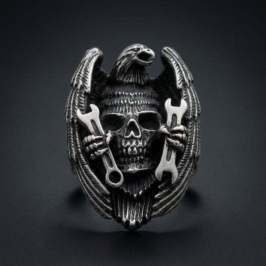 Eagle Skull Vise Grip Pendant 316L stainless steel biker jewelry with detailed eagle and skull gripping vise tools.