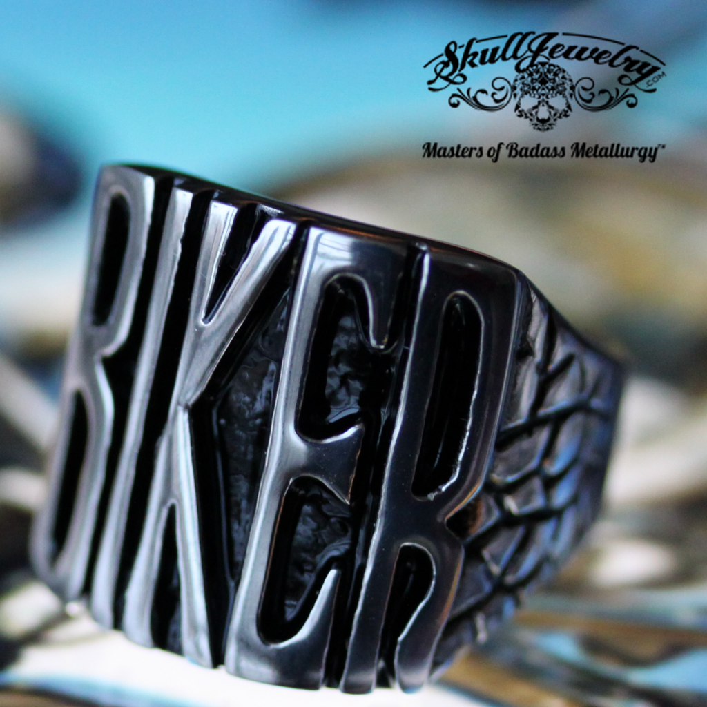 badass biker stainless steel ring sitting on a sturgis harley davidson