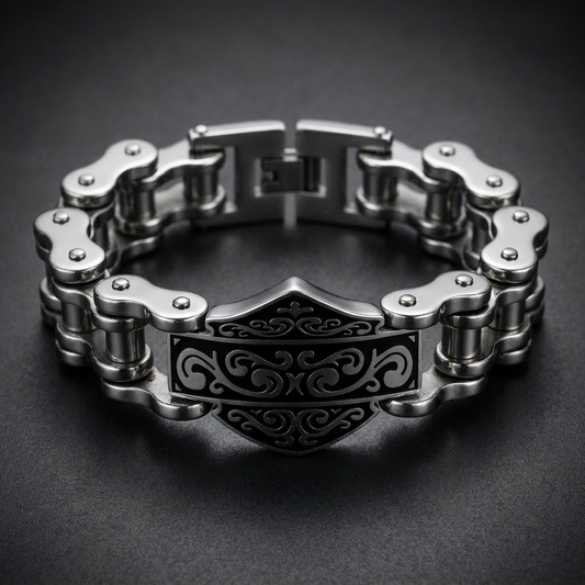 Throttle Shield Bracelet crafted from polished 316L stainless steel, showcasing interlocking links and a robust design for a powerful look.