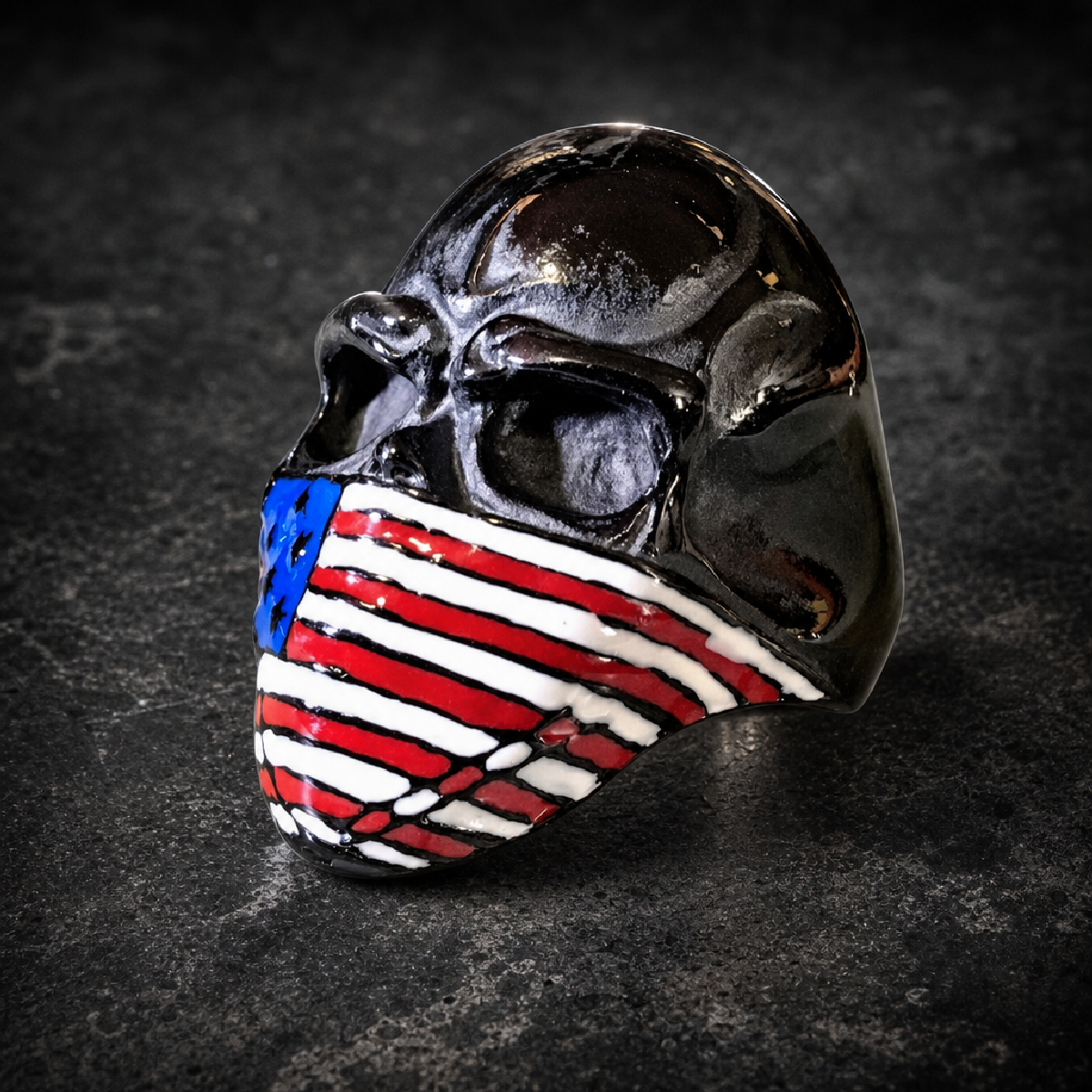 Black American Flag Skull Ring - 316L stainless steel unisex jewelry (R0379)