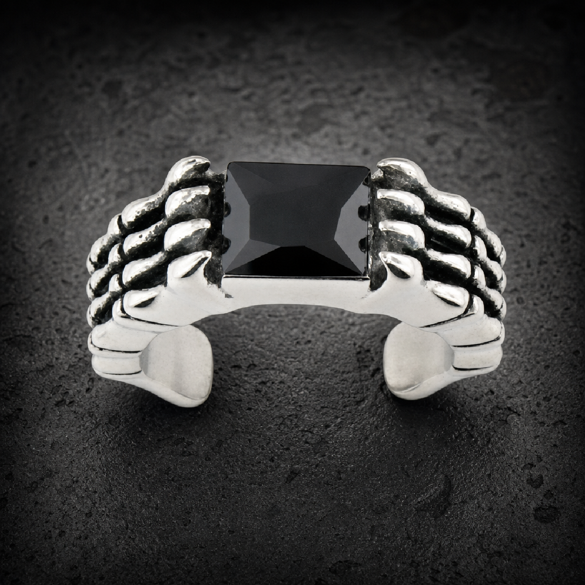 Black Bones - Stainless Steel Ring with Black Gemstone - 316L stainless steel unisex jewelry (293SJ11)