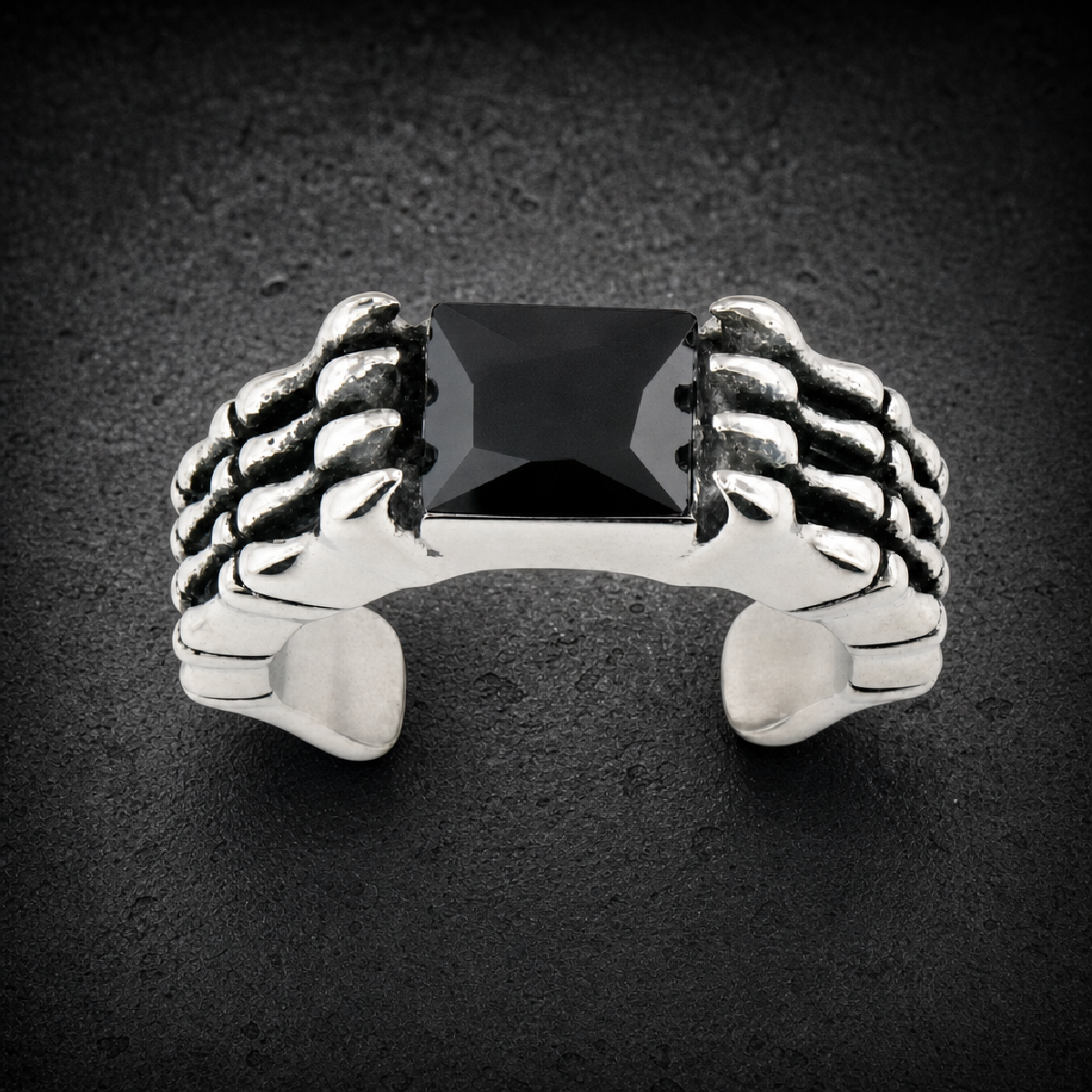 Black Bones - Stainless Steel Ring with Black Gemstone - 316L stainless steel unisex jewelry (R0509)