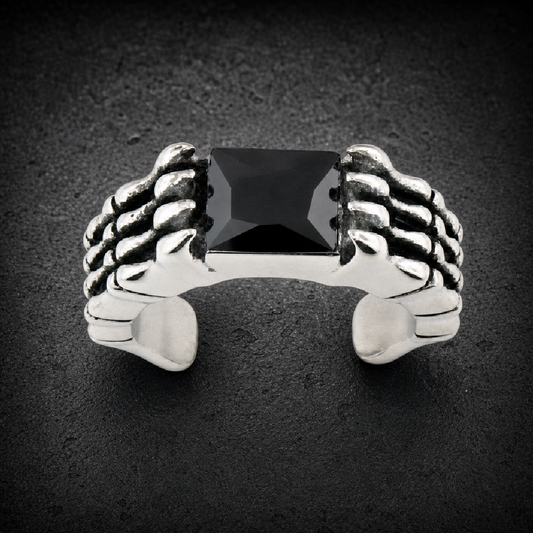 Black Bones - Stainless Steel Ring with Black Gemstone - 316L stainless steel unisex jewelry (R0509)