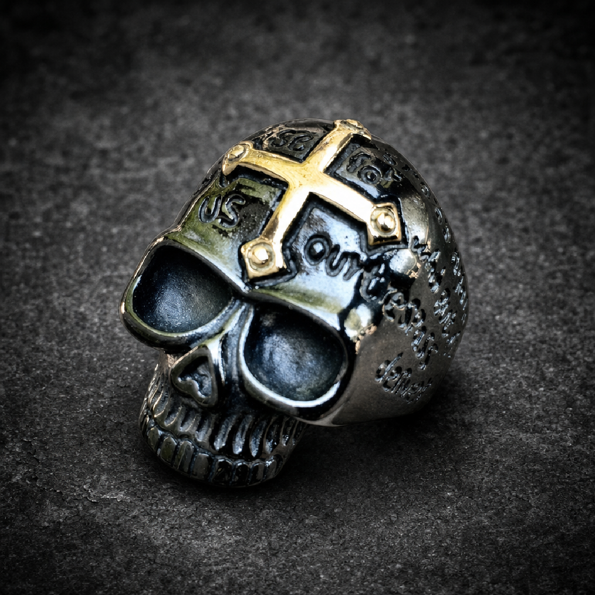 BLACK 'Lords Prayer' Skull Ring with Gold Cross on Forehead - 316L stainless steel unisex jewelry (R0606)