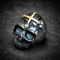 BLACK 'Lords Prayer' Skull Ring with Gold Cross on Forehead (#R0606)