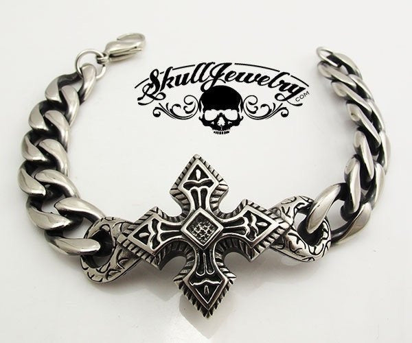 Black & Silver Toned Cross Bracelet - Very Detailed