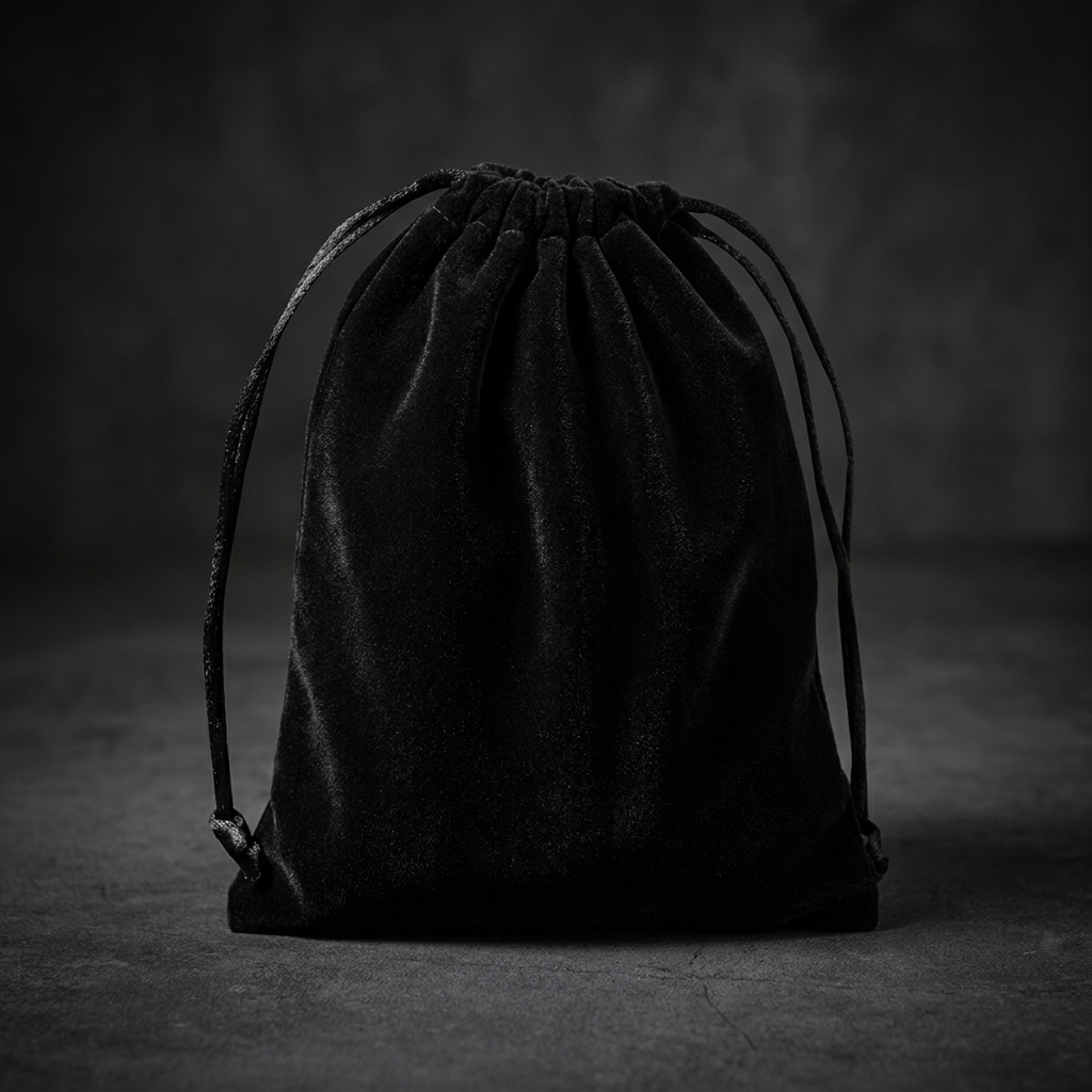 Black Velvet Bag for fine jewelry, showcasing a sleek, dark textile texture, often used to present skull rings or other robust accessories.