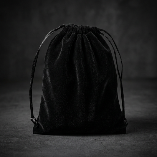Black Velvet Bag for fine jewelry, showcasing a sleek, dark textile texture, often used to present skull rings or other robust accessories.