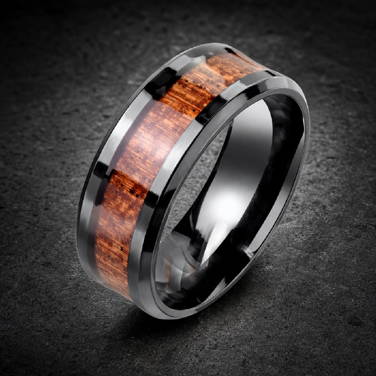 Black Wood Inlay Band Ring – Sleek, Bold & Timeless - 316L stainless steel unisex jewelry (R0377)