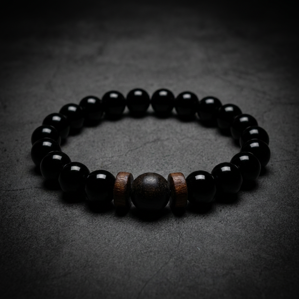 Polished Onyx Bracelet with smooth, reflective black beads on a model's wrist, showcasing its elegant and modern design.