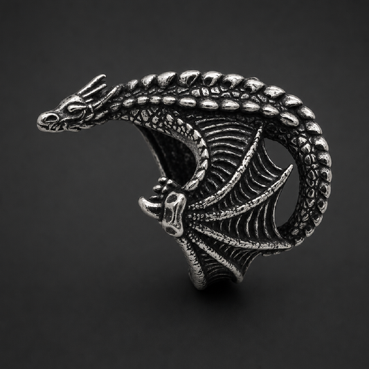 Bone Dragon Band 316L surgical stainless steel ring with antiqued finish, featuring a full-bodied dragon wrapping around the finger with detailed scales and wings.