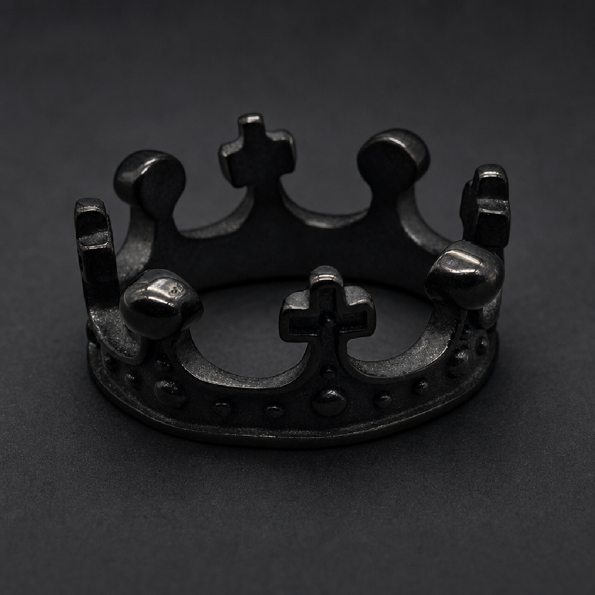 Black Throne Ring, 316L surgical-grade stainless steel crown-shaped ring with an antique dark finish, HardKnocker style.