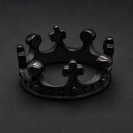 Black Throne Ring, 316L surgical-grade stainless steel crown-shaped ring with an antique dark finish, HardKnocker style.