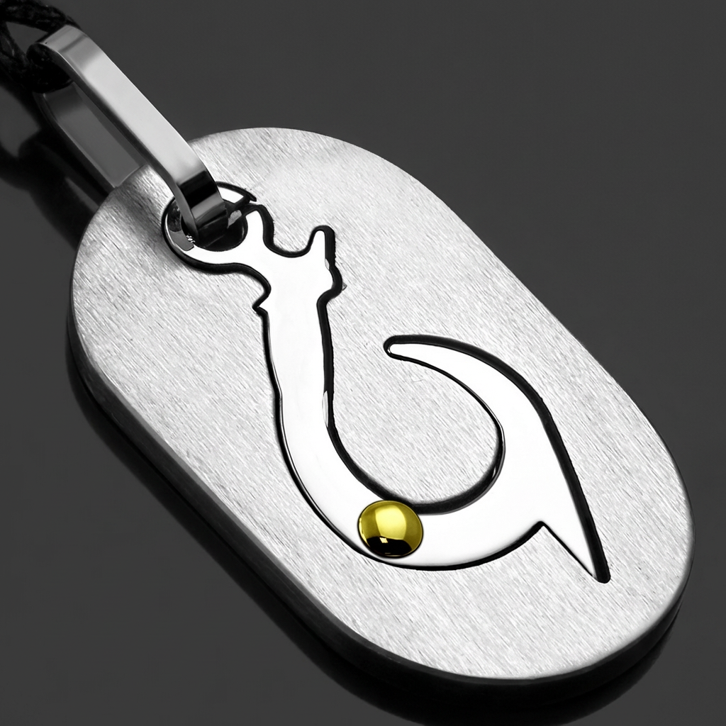 Ocean's Grasp pendant with fish hook design in brushed stainless steel with a gold accent, on a sturdy necklace.