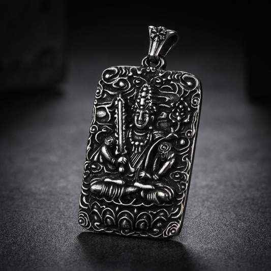 Iron Buddha 316L stainless steel pendant for men, featuring a powerful, brutal Buddha skull design with oxidized details and robust chain bail.