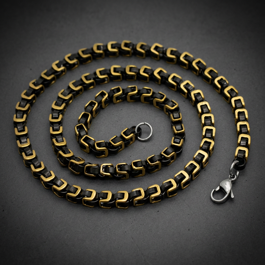 Omerta Link Chain 316L stainless steel biker necklace with heavy blackened geometric links and polished steel accents