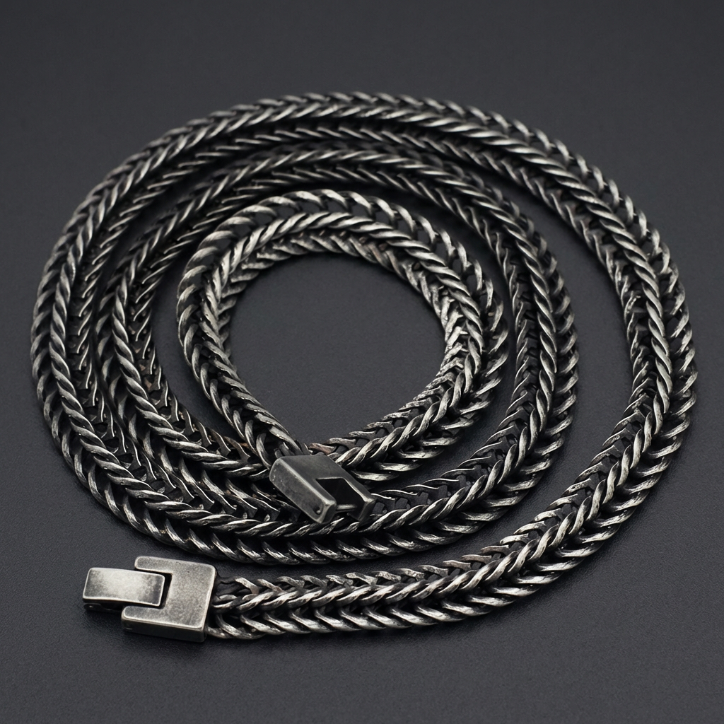 Shadow Weaver Necklace, dark oxidized 316L stainless steel Byzantine chain with intricate woven links