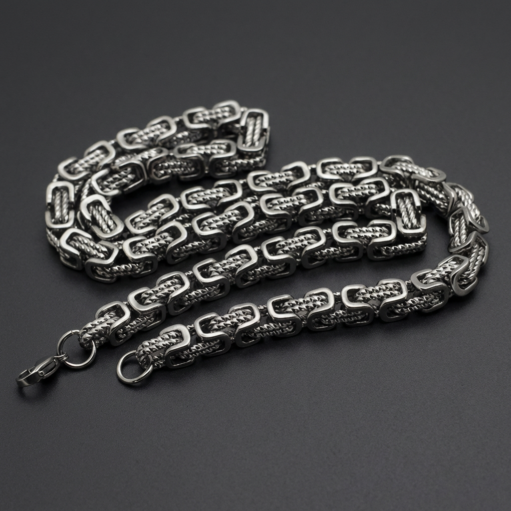Byzantine Braided Steel Necklace crafted from 316L stainless steel, showcasing intricate braided links with a powerful, solid aesthetic.