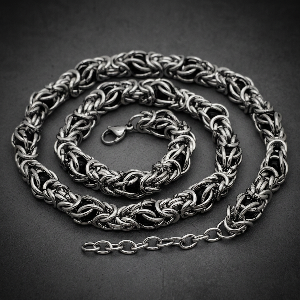 Berserker Aegis 108 gram heavy Byzantine-style necklace crafted from 316L stainless steel with a dark core, showcasing its brutal aesthetic.