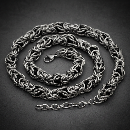 Berserker Aegis 108 gram heavy Byzantine-style necklace crafted from 316L stainless steel with a dark core, showcasing its brutal aesthetic.