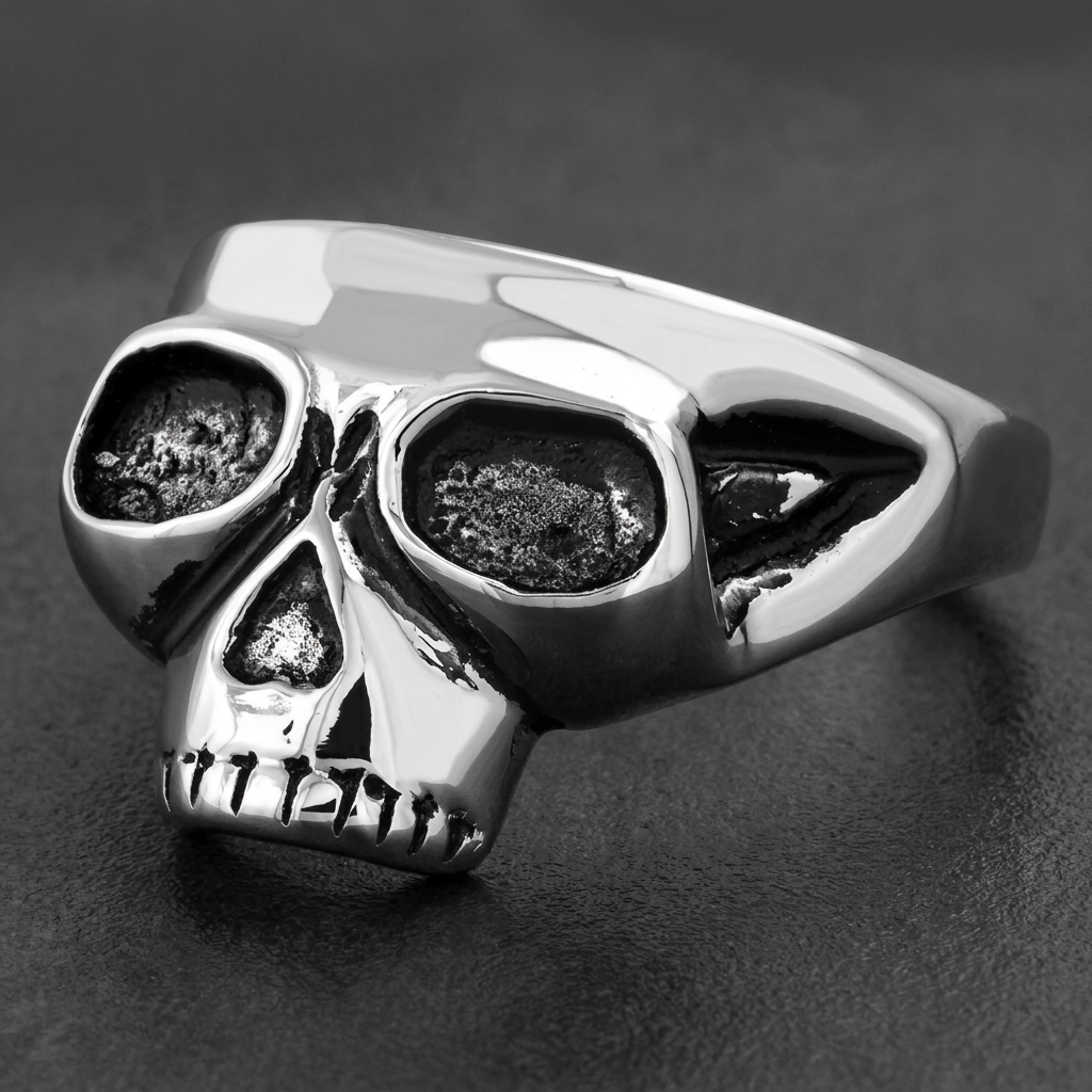 'Search & Destroy' Skull Ring alternate view, 316L stainless steel mens skull ring for bikers