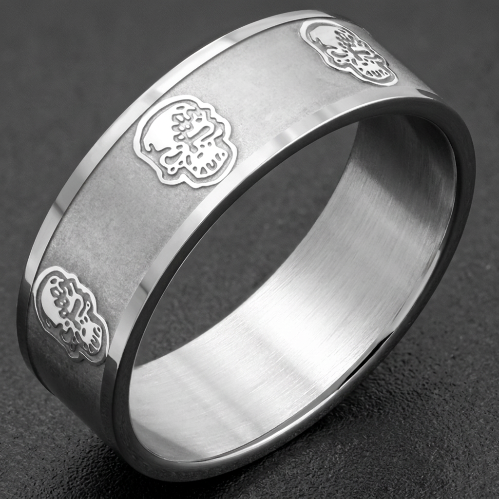 'Burnin For You' Skull Face Band, 316L stainless steel mens skull ring for bikers
