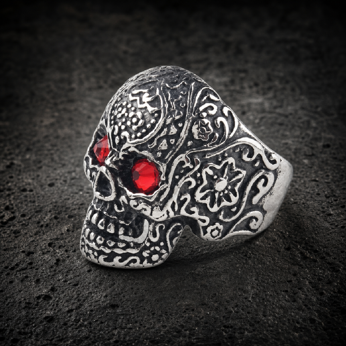 Calaveras - Vintage Flower Skull Ring w/RED Eyes - 316L stainless steel unisex jewelry (R0629)