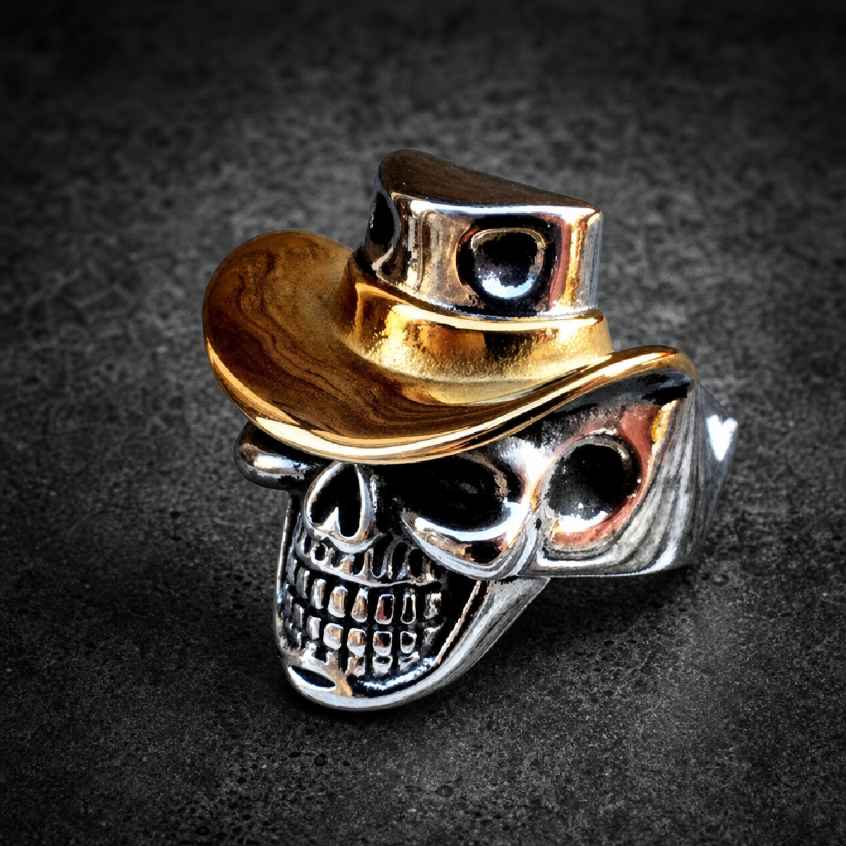 Carry On - Gold Cowboy Hat Skull Ring - 316L stainless steel unisex jewelry (R0644)