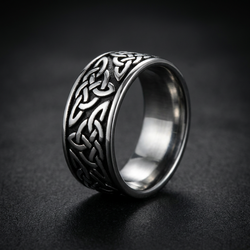 Norse Knot Shield Ring in 316L stainless steel, featuring intricate Celtic knotwork and a shield-like design.