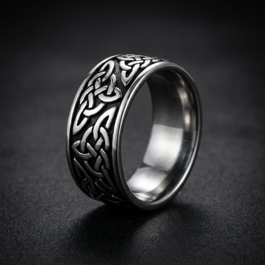 Norse Knot Shield Ring in 316L stainless steel, featuring intricate Celtic knotwork and a shield-like design.