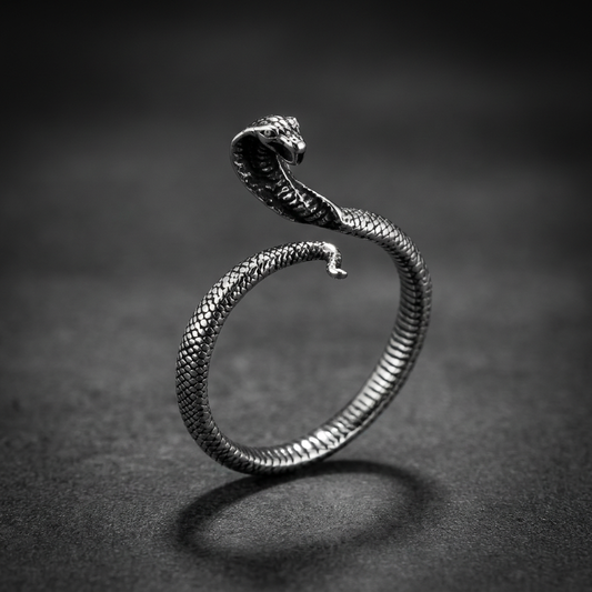 Shadow Cobra Coil Ring 316L stainless steel, a dark coiled cobra ring on a finger, featuring intricate scales and an oxidized finish.