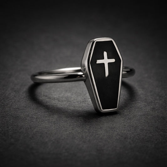 316L stainless steel coffin cross ring with black enamel face, gothic Christian statement ring for men