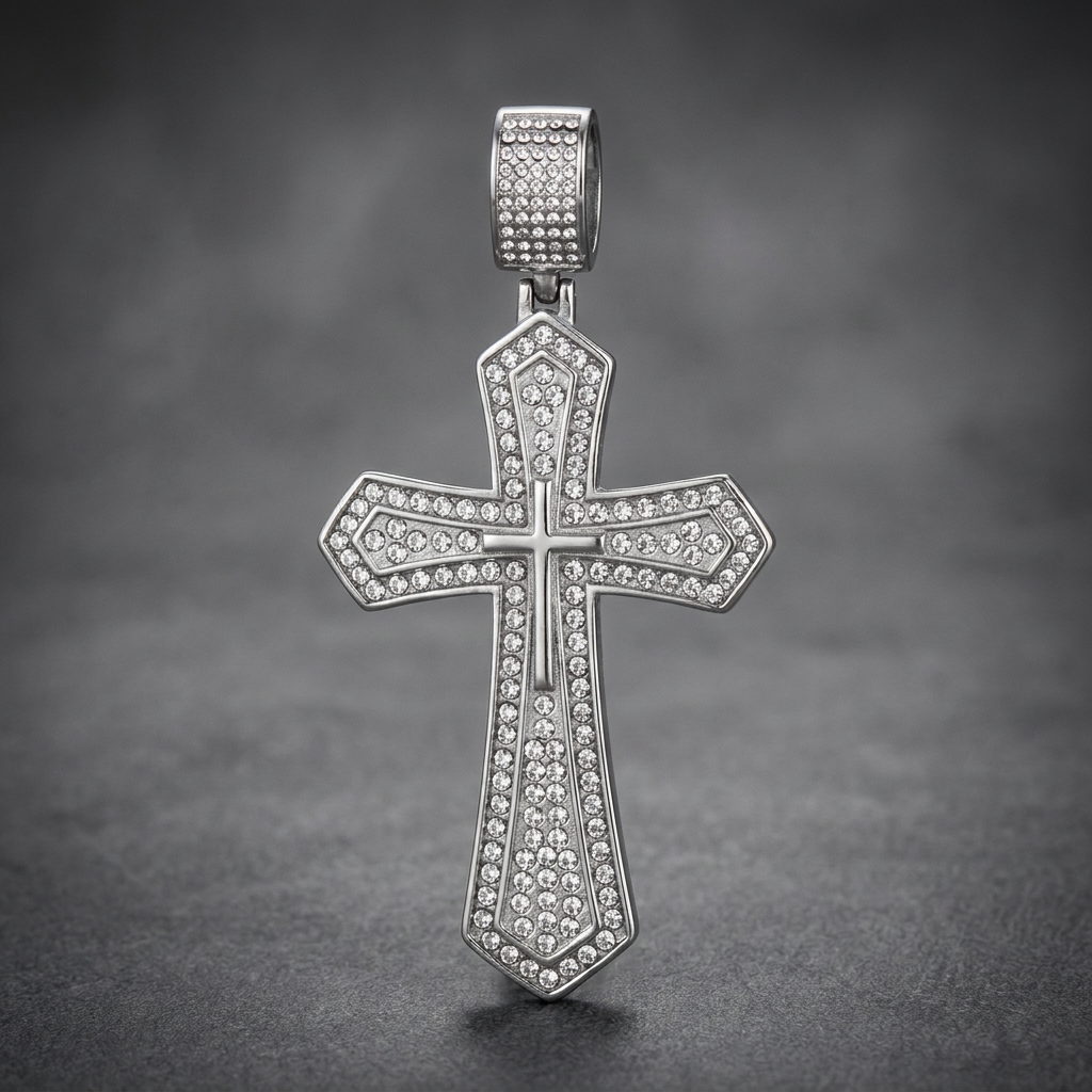 Heavy 316L stainless steel cross pendant with pave-set clear crystals, featuring an angled, faceted design and a matching studded bail.