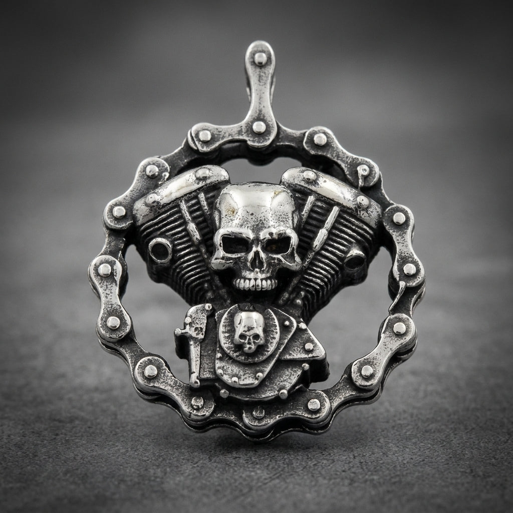 Crested Engine pendant 316L stainless steel, biker skull theme, V-twin engine design encircled by a motorcycle chain, dark oxidized finish, unisex.